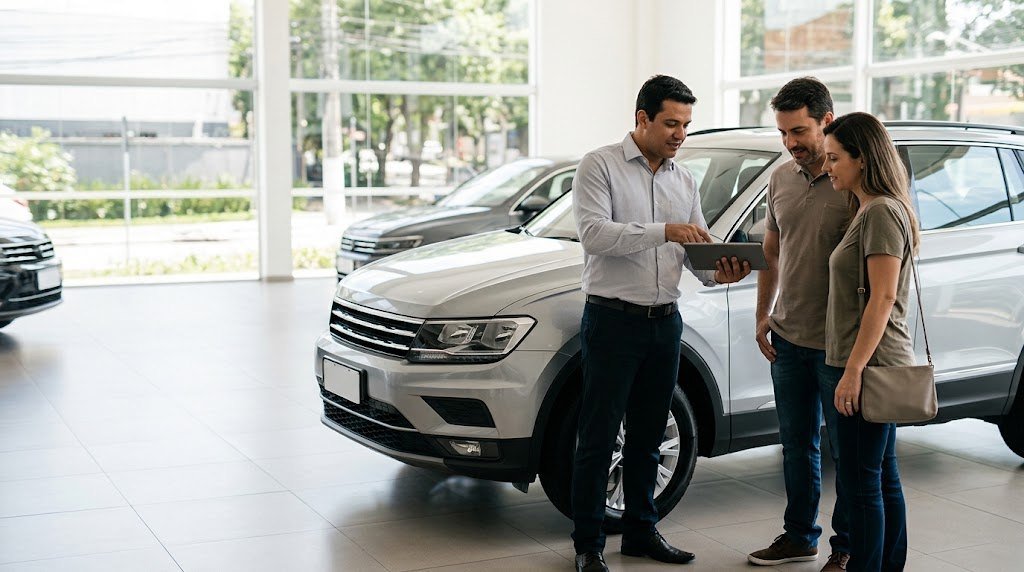 Vendedor e clientes em concessionária analisando um veículo